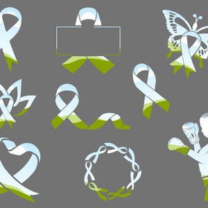 May include: A set of ten different designs featuring a blue and white ribbon with a green and white background. The designs include a butterfly, a heart, a lotus flower, a wreath, a boxing glove, and a blank sign.