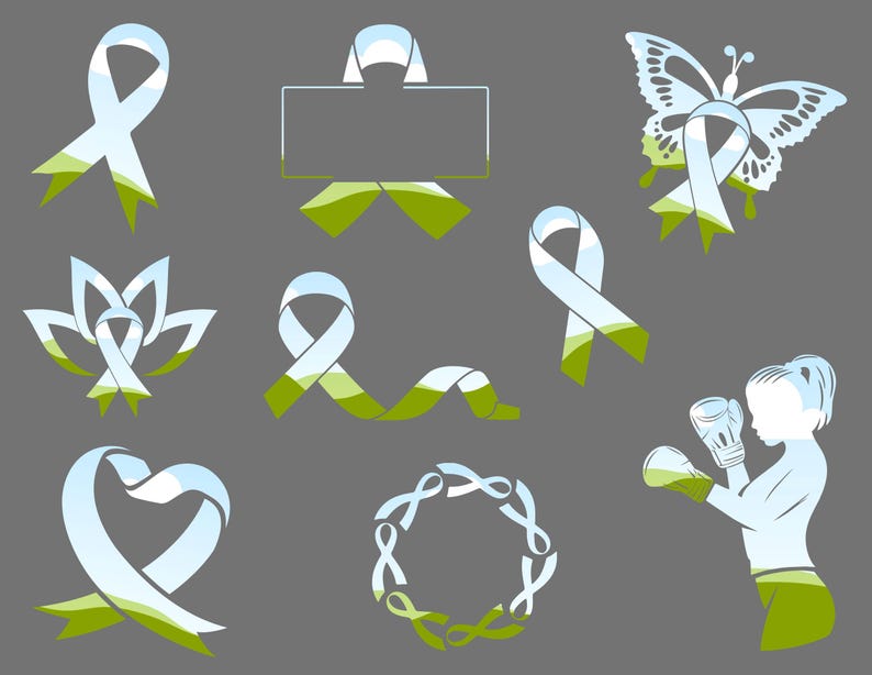 May include: A set of ten different designs featuring a blue and white ribbon with a green and white background. The designs include a butterfly, a heart, a lotus flower, a wreath, a boxing glove, and a blank sign.