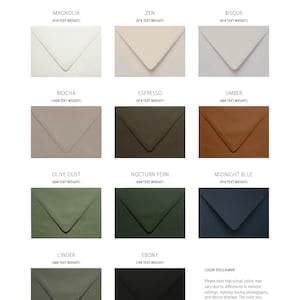 May include: A grid of eleven envelopes in various colours labelled Magnolia, Zen, Bisque, Mocha, Espresso, Umber, Olive Dust, Nocturn Fern, Midnight Blue, Cinder, and Ebony, each with its corresponding paper text weight in pounds listed below the name.