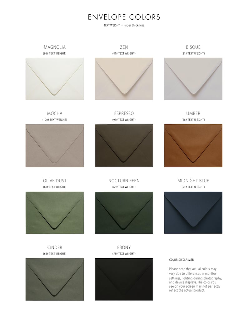May include: A grid of eleven envelopes in various colours labelled Magnolia, Zen, Bisque, Mocha, Espresso, Umber, Olive Dust, Nocturn Fern, Midnight Blue, Cinder, and Ebony, each with its corresponding paper text weight in pounds listed below the name.
