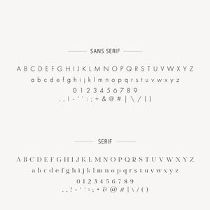 Puede incluir: Una tabla de texto negro titulada FONT STYLES que muestra dos opciones de tipograf&iacute;a distintas. La primera secci&oacute;n etiquetada SANS SERIF muestra letras may&uacute;sculas y min&uacute;sculas, n&uacute;meros del 0 al 9 y s&iacute;mbolos. La secci&oacute;n SERIF muestra el mismo conjunto de caracteres.