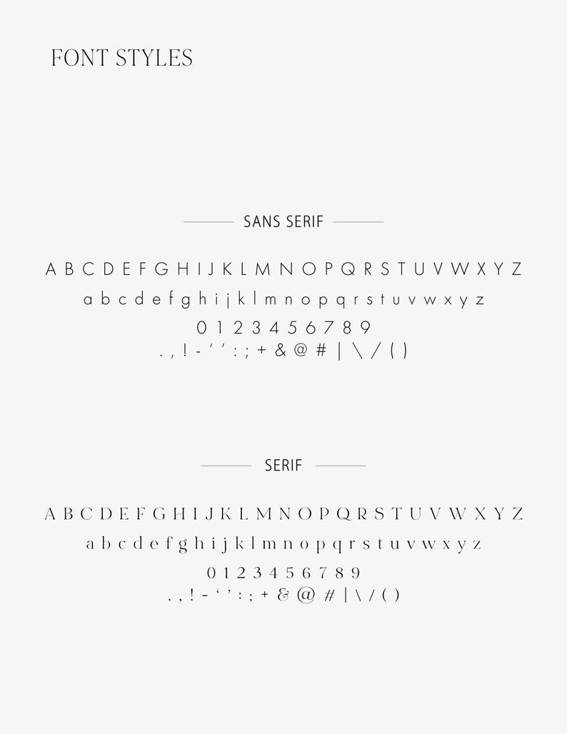 Puede incluir: Una tabla de texto negro titulada FONT STYLES que muestra dos opciones de tipograf&iacute;a distintas. La primera secci&oacute;n etiquetada SANS SERIF muestra letras may&uacute;sculas y min&uacute;sculas, n&uacute;meros del 0 al 9 y s&iacute;mbolos. La secci&oacute;n SERIF muestra el mismo conjunto de caracteres.