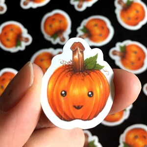 May include: A set of orange pumpkin stickers with a cute cartoon face and a brown stem. The stickers are on a black background.