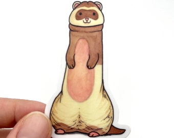 May include: A cartoon illustration of a brown and white ferret standing on its hind legs. The ferret has a pink nose and small black eyes. The ferret is wearing a brown and white fur coat.