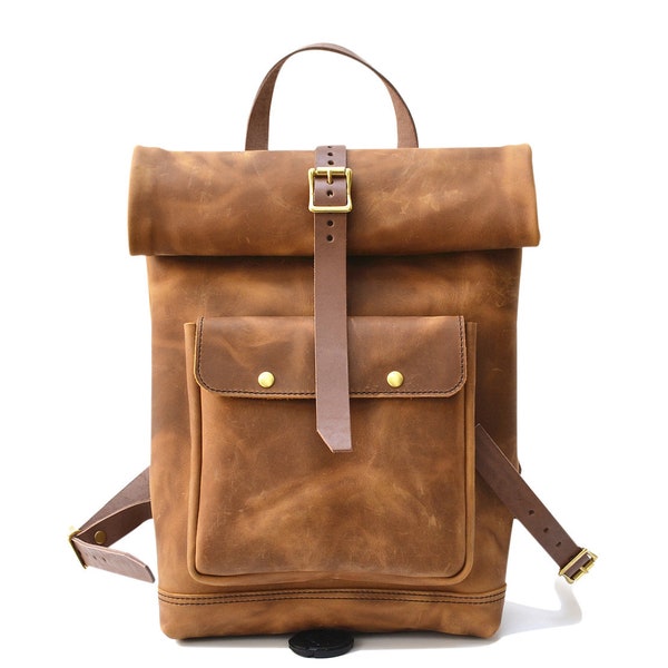 Clearance - Roll Top Leather Backpack Vintage Rucksack Rolltop Leather Backpack Men Leather Rucksack Rolltop Rucksack Backpack Man