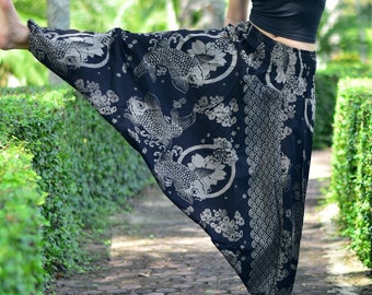 Black Koi Fish Print Cotton Baggy Pants, Unisex Hmong Tribe Style
