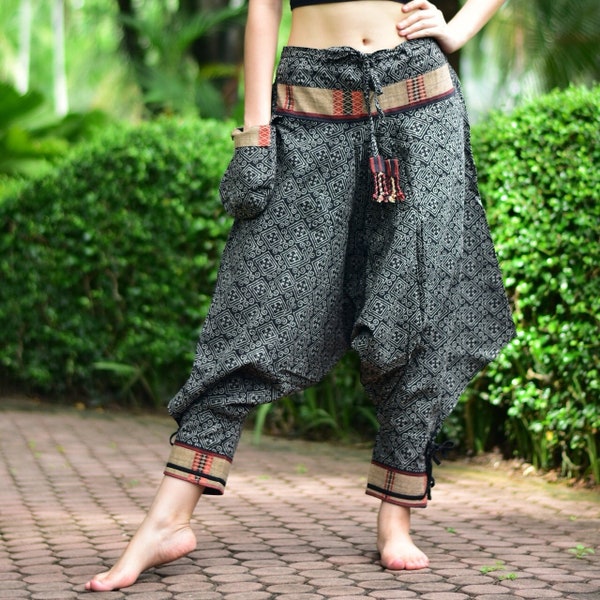 Pantalon noir motif traditionnel thaïlandais, pantalon Hmong, pantalon traditionnel thaïlandais, sarouel, pantalon unisexe