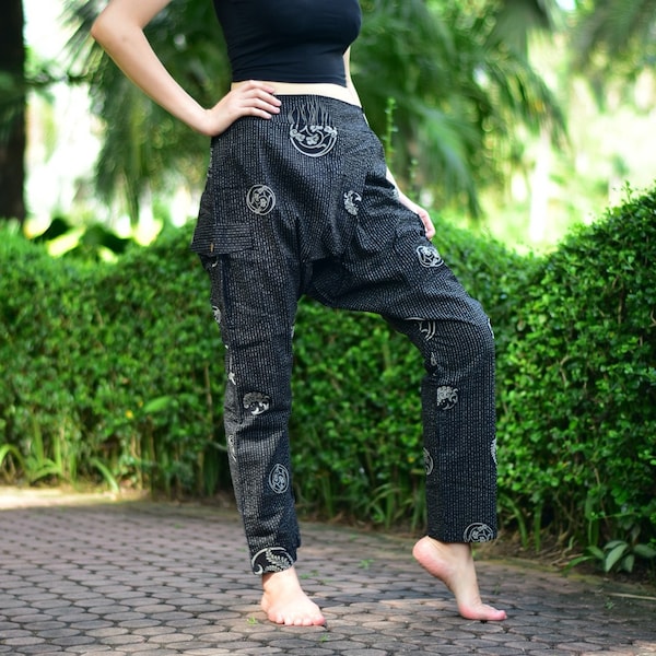 Pantalon Noir Japon Imprimé Design Hammer, Pantalon Ninja, Pantalon Harem, Pantalon Thaïlandais, Pantalon Coton, Pantalon Pantalon