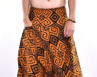 Orange Diamond Print Cotton Harem Pants, Boho Hippie Baggy Trousers