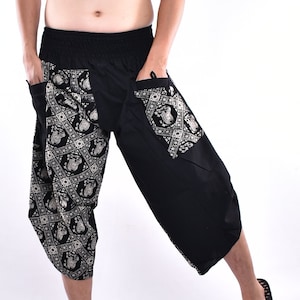 Elepants bedrukte katoenen samurai broek met zijknopen, broek met brede pijpen, yogabroek, harembroek, unisex gratis upgrade express verzending