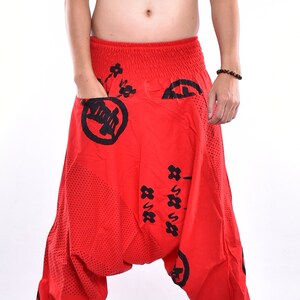 Rode Japan Symbool Bedrukte Katoen Baggy broek, Hmong broek, Yoga broek, Harem broek, Boho broek, Hippie broek Gratis Upgrade Express Verzending