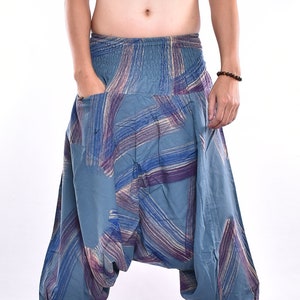 Slate Blue Brush Art Bedrukte Katoen Baggy broek, Hmong broek, Yoga broek, Harem broek, Boho broek, Hippie broek Gratis Upgrade Express Verzending