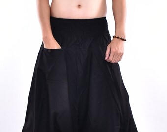 Pantaloni harem in cotone nero con stampa di pesce arowana, pantaloni da yoga boho