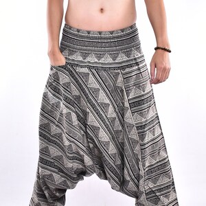 Grijze Driehoek Design Bedrukte Katoen Baggy broek, Hmong broek, Yoga broek, Harem broek, Boho broek Gratis Upgrade Express Verzending