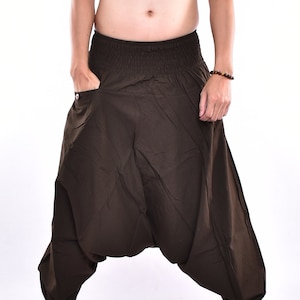 Donkerbruin bedrukte katoenen baggy broek, Hmong broek, yoga broek, harem broek, low cut broek, hippie broek, unisex gratis upgrade express verzending