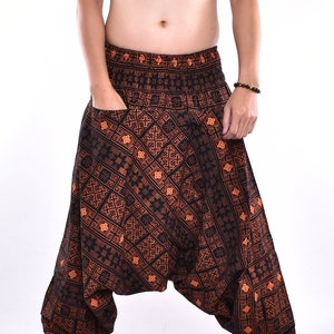 Bruin Thais traditioneel patroon kunst bedrukt katoenen baggy broek, Hmong broek, yoga broek, harem broek, boho broek gratis upgrade express verzending
