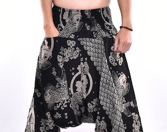 Schwarze Fisch Blumen Baumwoll Haremshose, Boho Yoga Baggy Hose