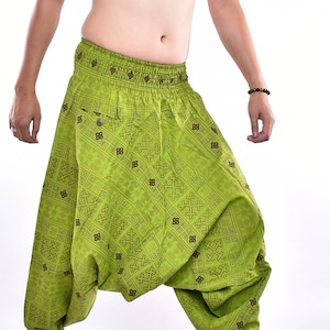 Groene Thaise traditionele patroon bedrukte katoenen baggy broek, Hmong broek, yoga broek, harem broek, low cut broek gratis upgrade express verzending