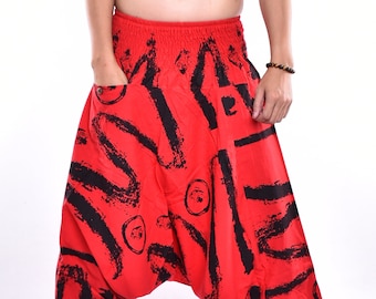 Red Brush Print Cotton Harem Pants, Boho Hippie Baggy Trousers
