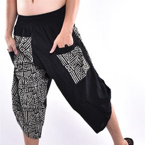 Zwart &wit Traditonal Stone Printed Katoen Samurai broek met zijknopen, broek met wijde pijpen, Yoga broek Gratis Upgrade Express Verzending