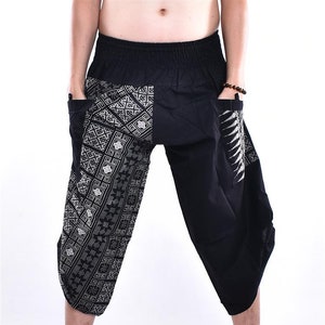 Gratis upgrade Express Shipping Harembroek, yogabroek, broek met wijde pijpen, broek, samuraibroek bedrukt met zwart Thais patroonontwerp