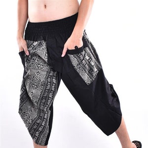 Olifanten patroon bedrukte katoen samurai broek met zijknopen, wijde benen broek, yoga broek, harem broek gratis upgrade express verzending