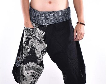 Black Dragon Fishes Printed Cotton Samurai pants,Tie waist pants, Leg pants,Thai Fisherman pants,Yoga pants