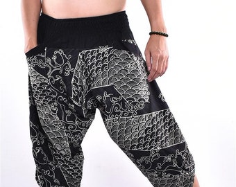 Samurai Pants, Cotton, Japanese Art Print, Unisex Loose Fit Trousers