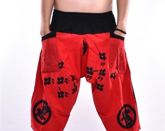 Rote Samurai Hose, Baumwolle, Japan Symbol Print, Unisex Yoga Hose