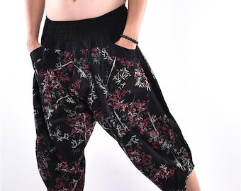 Black & Red Boomboo Leafs Printed New Samurai pants, Trousers,Yoga pants, Free Style pants, Comfy pants,Unisex