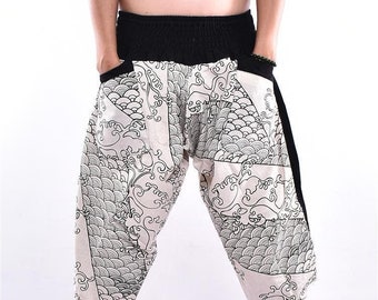 White Traditional of Japan Printed New Samurai pants, Trousers, Yoga pants,Free Style pants,Comfy pants,Unisex