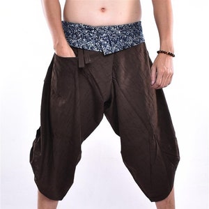 Gratis upgrade express verzending donkerbruine katoenen samoeraibroek, broek met strikceintuur, wijde pijpen, broek Thaise visser, yogabroek, wikkelbroek