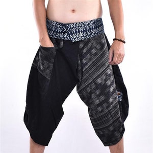 Gratis upgrade express verzending zwart gestreepte bedrukte katoenen samoeraibroek, broek met strikceintuur, wijde pijpen, broek Thaise visser, yogabroek