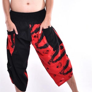 Rood &zwart brush art bedrukte katoenen samurai broek met zijknopen, broek met wijde pijpen, yogabroek, harembroek gratis upgrade express verzending
