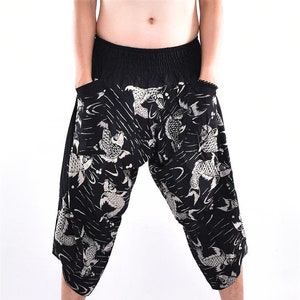 Zwarte koivissen bedrukte nieuwe samoeraibroek, broek, yogabroek, freestyle broek, comfortabele broek, uniseks gratis upgrade expresverzending