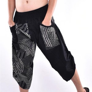 Zwarte graancirkel patroon bedrukte katoenen samurai broek met zijknopen, broek met wijde pijpen, yoga broek gratis upgrade express verzending