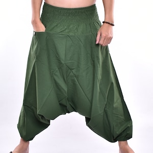 Groene katoenen baggy broek, Hmong broek, yoga broek, harem broek, low cut broek, hippie broek, unisex gratis upgrade express verzending