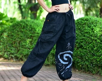 Black Bruch Art Printed Design Harem pants tie waist and side, Casual pants, Trousers, Jinnie pants, Aladdin pants