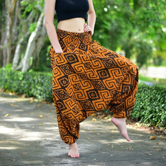 Brown Square Print Hmong Baggy Pants, Unisex Cotton Tribal