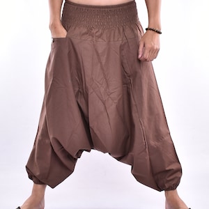 Bruine katoenen baggy broek, Hmong broek, yoga broek, harem broek, low cut broek, hippie broek, unisex gratis upgrade express verzending