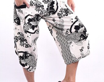 White Black Koi Fish Samurai Pants, Unisex Cotton Fisherman Trousers