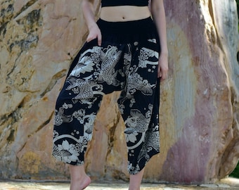 Black Koi Fish Samurai Pants, Unisex Cotton Harem Trousers