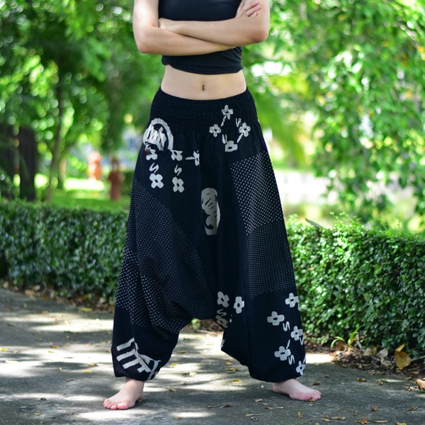 Black Japan Symbols Printed Long Baggy pants, Hmong pants, Tribe pants, Hill tribe pants, Unisex