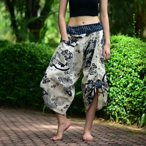 White Koi Fishes Traditional  Samurai pants, Wrap pants, Tie waist pants, Thai Fisherman pants, Kimono pants, Unisex