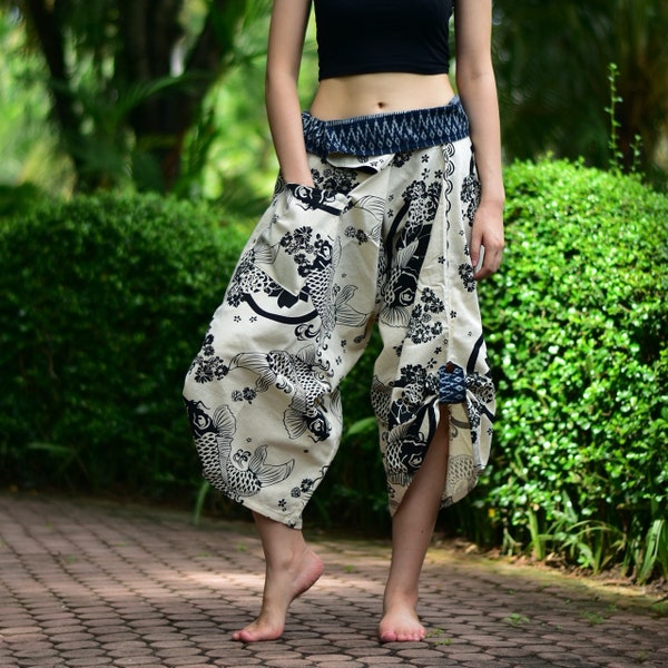 Pantalon samouraï traditionnel White Koi Fishes, pantalon Wrap, pantalon taille cravate, pantalon Thai Fisherman, pantalon Kimono, Unisex