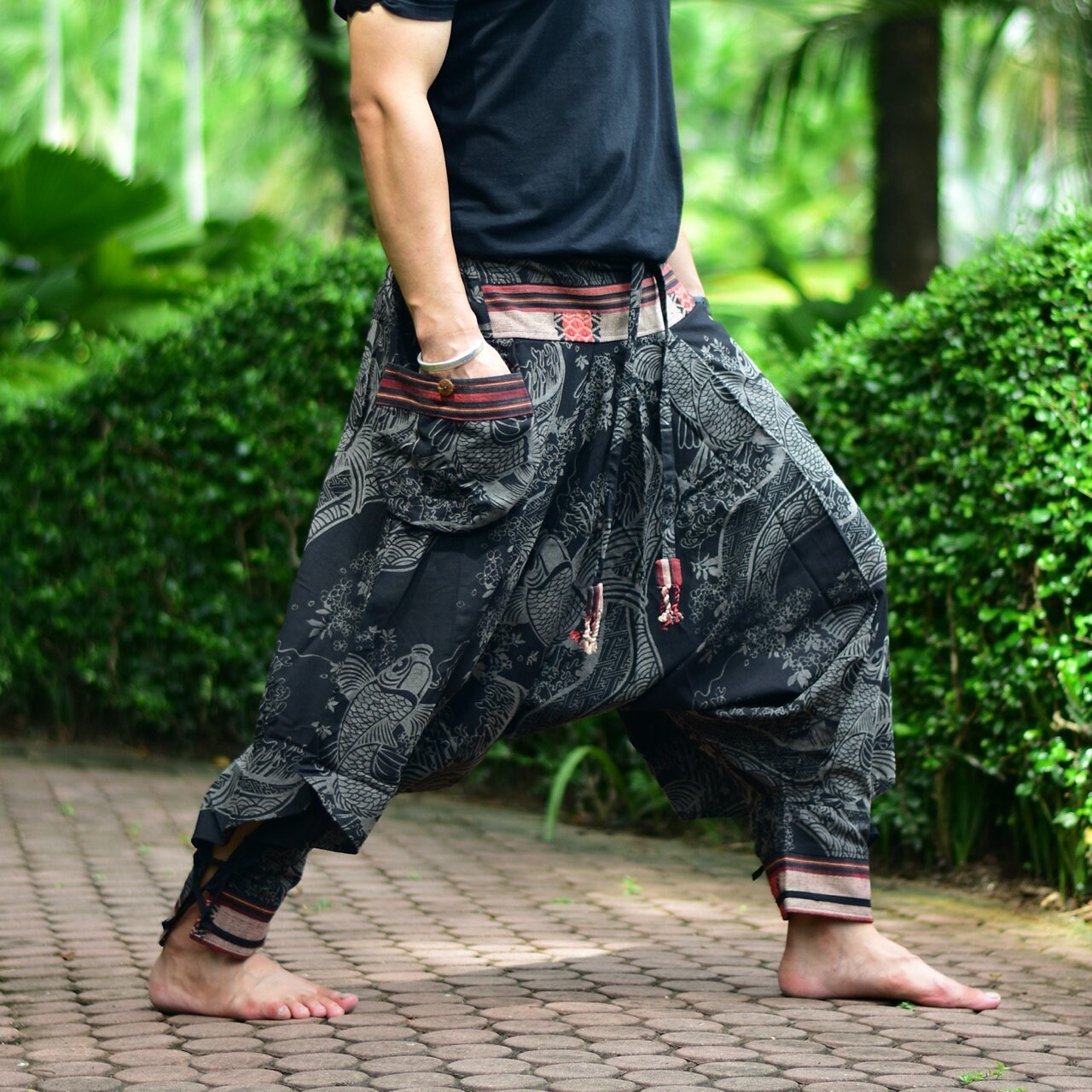 Black Arowana Fishes Tribal Pants, Hmong Pants, Traditional Thai Pants