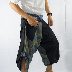 Gratis upgrade Express verzending bedrukte katoen samurai broek, tie taille broek, wijde pijp broek, Thaise visser broek, yoga broek, wrap broek