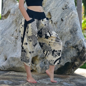 Whtie Koi Fishes Printed New Samurai pants, Harem pants, Casual pants, Thai pants, Unisex