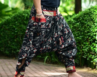 Black Koi Fishes Tribal pants, Hmong pants, Traditional Thai pants, Harem pants, Unisex pants