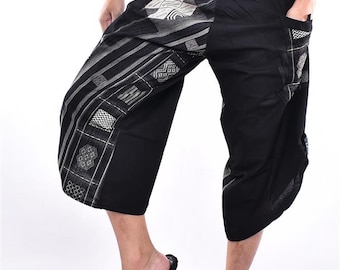 Pantalones samurái 100% algodón, estampado Naka, pierna ancha, unisex.